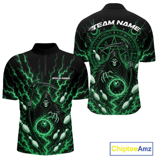 Black short-sleeve zip-up shirt shown from front and back with a vivid green and white grim reaper design, lightning effects, circular occult-style graphics, and customizable text placeholders.