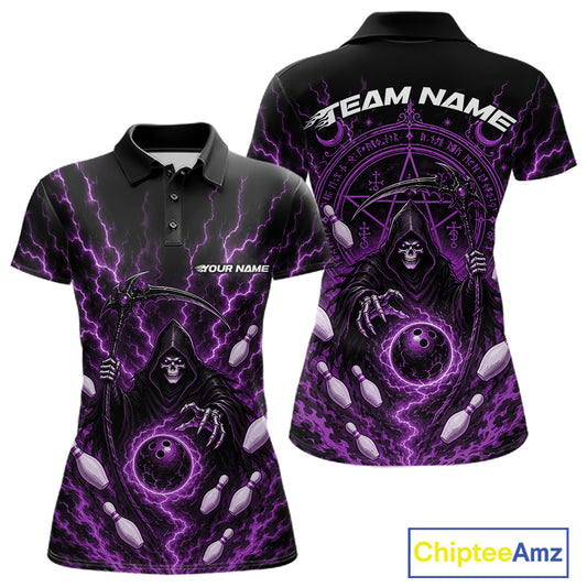 A black short-sleeve polo shirt shown from the front and back, featuring a vivid purple and black grim reaper graphic with lightning, bowling pins, and a dark magic circular. The front has placeholder text 'YOUR NAME' and 'TEAM NAME' on the back.