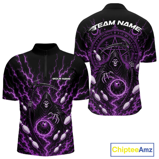 Black short-sleeve quarter-zip performance shirt with a purple and white grim reaper graphic featuring lightning, a pentagram, and mystical symbols. Shown in front and back views on a white background with a ChipteeAmz logo in the corner.