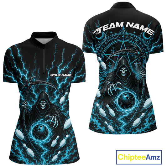 Front and back views of a black womens short sleeve quarter zip shirt with a blue lightning and grim reaper graphic, featuring customizable text placeholders 'YOUR NAME' and 'TEAM NAME', shown on a white background with a ChipteeAmz logo in the corner.