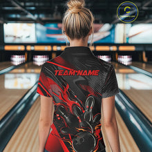 Load image into Gallery viewer, Black And Red Custom Flame Bowling Shirts For Women, Fire Bowling Team Shirt Bowler Jersey IPHW7931