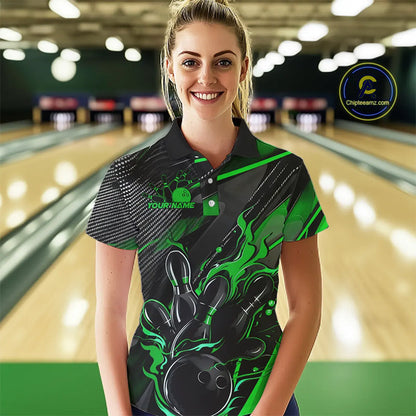Black And Green Custom Flame Bowling Shirts For Women, Fire Bowling Team Shirt Bowler Jersey IPHW7934