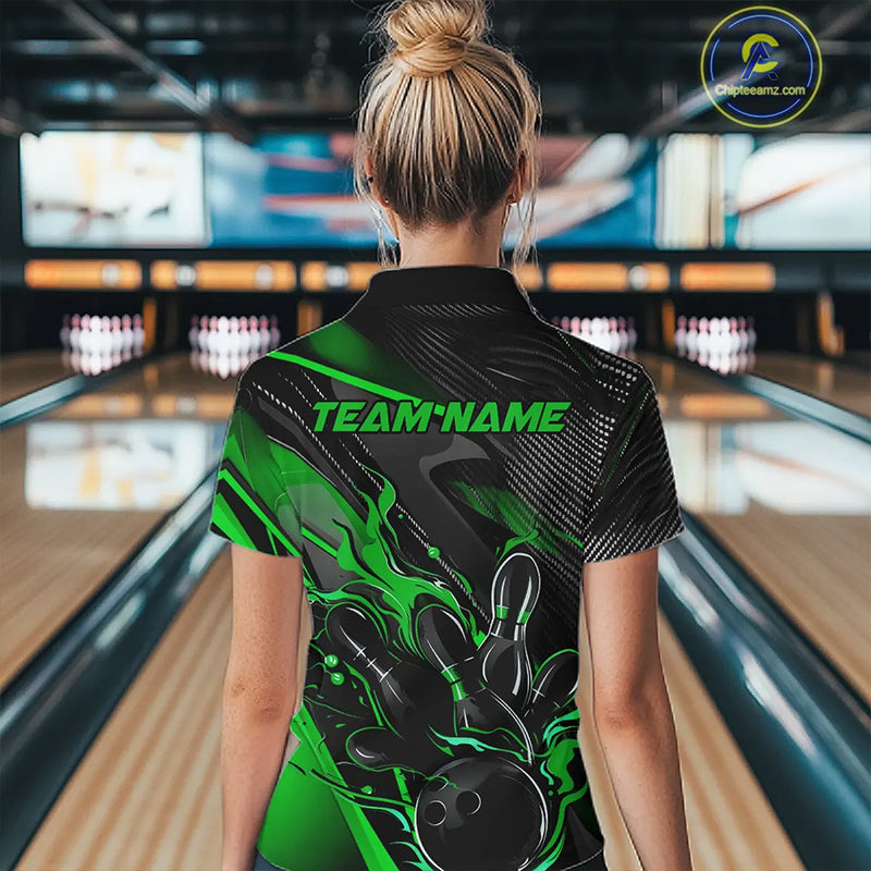 Black And Green Custom Flame Bowling Shirts For Women, Fire Bowling Team Shirt Bowler Jersey IPHW7934