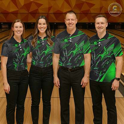 Black And Green Custom Flame Bowling Shirts For Men, Fire Bowling Team Shirt Bowler Jersey IPHW7934