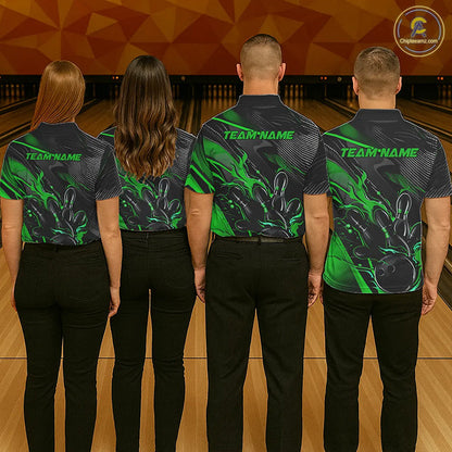Black And Green Custom Flame Bowling Shirts For Men, Fire Bowling Team Shirt Bowler Jersey IPHW7934