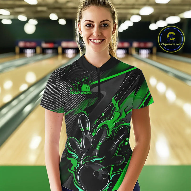 Black And Green Custom Flame Bowling Shirts For Women, Fire Bowling Team Shirt Bowler Jersey IPHW7934