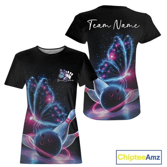 Custom Blue And Pink Galaxy Butterfly Bowling Women T-Shirts, Ladies Bowling Team Outfit IPHW10243