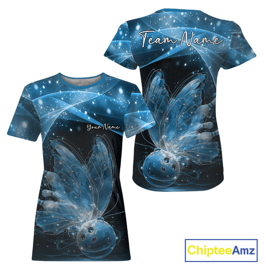 Custom Ethereal Blue Butterfly Bowling Team Women T-Shirts, Ladies Bowling Outfit IPHW10244