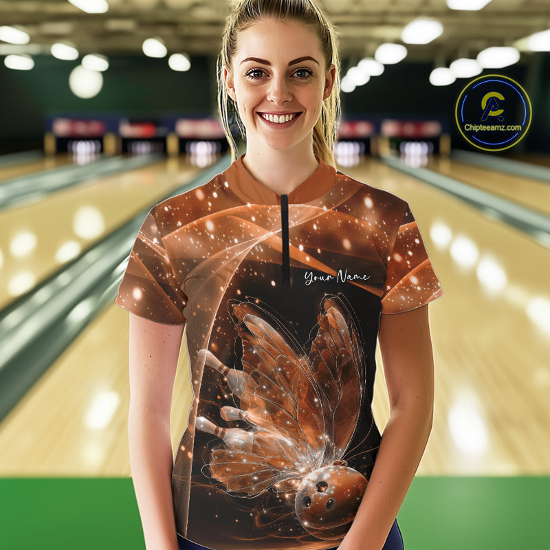 Custom Ethereal Orange Butterfly Bowling Women Quarter-Zip Shirts, Ladies Bowling Outfit IPHW10247