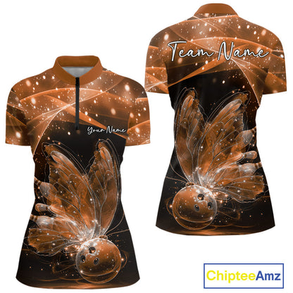 Custom Ethereal Orange Butterfly Bowling Women Quarter-Zip Shirts, Ladies Bowling Outfit IPHW10247