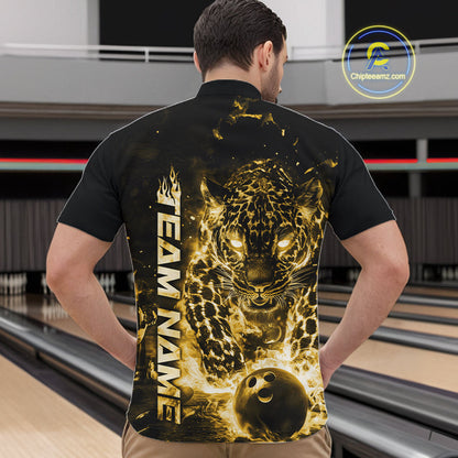 Custom Yellow Flaming Leopard Men Bowling Shirts, Fire Bowling Team Shirt Bowler Uniform IPHW10716