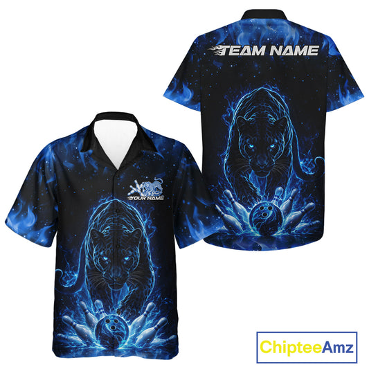 Front and back view of a black button-up bowling shirt mockup featuring a glowing blue electric panther with bowling ball crashing through pins dynamic artwork.