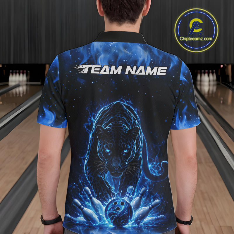 Back view of a male model in a bowling lane wearing a black polo shirt featuring glowing blue electric panther design with bowling action graphics.
