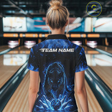 Load image into Gallery viewer, Custom Black And Blue Flame Leopard Bowling Women Polo Shirt, Bowling League Team Shirt IPHW11253
