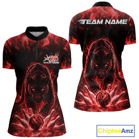 Front and back view of a womens bowling quarter-zip shirt mockup in black featuring a glowing electric panther and bowling ball crashing through pins in red tones.