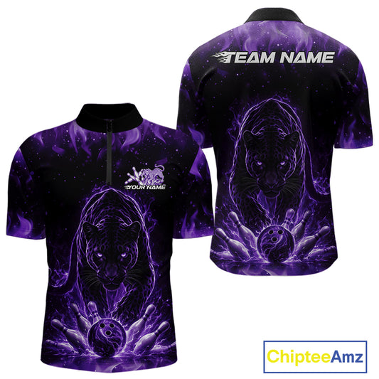 Front and back view of a mens black bowling quarter-zip shirt mockup featuring a glowing purple electric panther with bowling ball crashing through pins dynamic artwork.