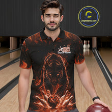 Load image into Gallery viewer, Custom Black And Orange Flame Leopard Bowling Men Polo Shirt, Bowling League Team Shirt IPHW11256