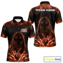 Load image into Gallery viewer, Custom Black And Orange Flame Leopard Bowling Men Polo Shirt, Bowling League Team Shirt IPHW11256