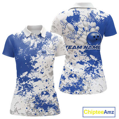 Womens polo shirt mockup front and back, white shirt featuring blue and white splatter background, minimalist apparel display