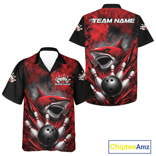 Red and black bowling shirt with shark design and 'Chiptee Amz' branding.