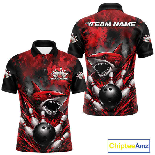 Red and black bowling-themed shirt with shark design on a white background