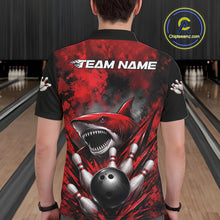 Load image into Gallery viewer, Person wearing a red and black bowling shirt with a shark design in a bowling alley.