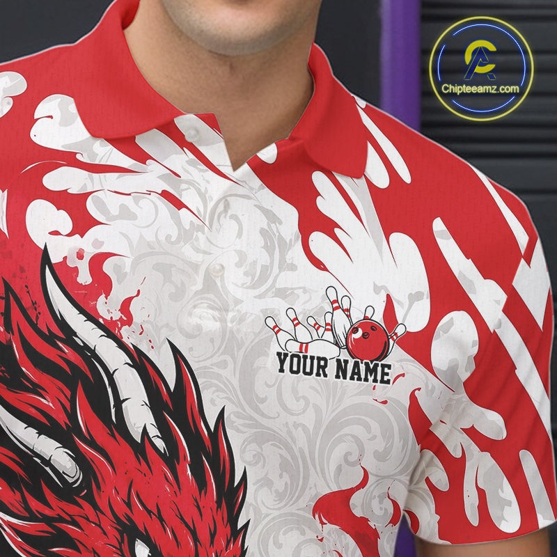 Red and white bowling shirt with dragon design and customizable name area, featuring Chipleemaz.com logo.