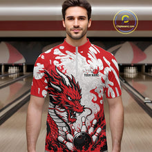 Load image into Gallery viewer, Man wearing a red and white dragon-themed bowling shirt in a bowling alley.