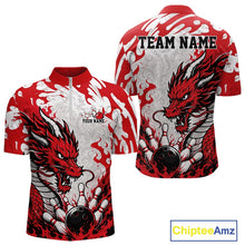 Load image into Gallery viewer, Red and white bowling shirt with dragon design on a white background