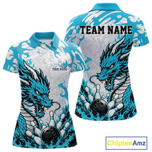 Load image into Gallery viewer, Bowling shirt with dragon design on front and back, customizable text, and Chiptee Amz branding.