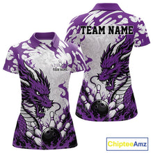 Load image into Gallery viewer, Purple and white polo shirt with dragon design on a white background