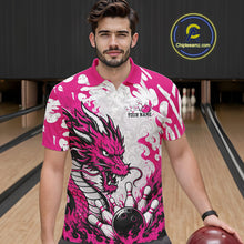 Load image into Gallery viewer, Man wearing a pink and white dragon-themed bowling shirt in a bowling alley.