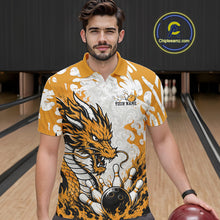 Load image into Gallery viewer, Man wearing a bowling shirt with a dragon design in a bowling alley, holding a bowling ball.