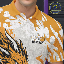 Load image into Gallery viewer, Close-up of a person wearing a bowling shirt with a logo and text 'Your Name' on a blurred background.