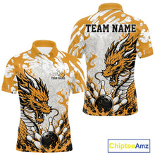 Load image into Gallery viewer, Dragon-themed bowling shirt with customizable text on a white background