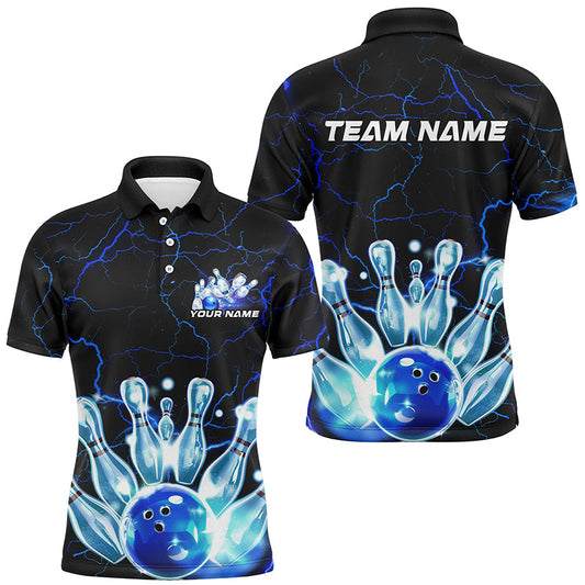Black And Blue Thunder Lightning Custom Bowling Polo Shirts For Men, Bowling League Shirts IPHW7121
