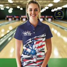 Load image into Gallery viewer, Custom Patriotic Ladies Bowling Shirts, American Flag Bowling League Shirts Uniform | Navy IPHW7433