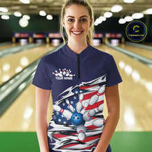 Load image into Gallery viewer, Custom Patriotic Ladies Bowling Shirts, American Flag Bowling League Shirts Uniform | Navy IPHW7433