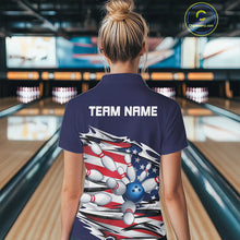 Load image into Gallery viewer, Custom Patriotic Ladies Bowling Shirts, American Flag Bowling League Shirts Uniform | Navy IPHW7433