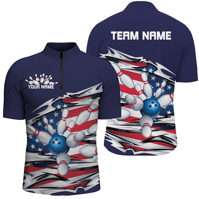Custom Patriotic Bowling Shirts For Men, US Bowling League Shirts Uniform | Navy IPHW7433