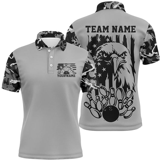 American Flag Eagle Custom Gray Camo Patriotic Bowling Shirts For Men, Us Bowling League Shirt IPHW7944