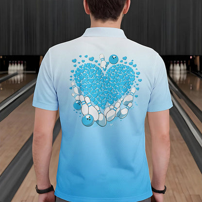 Custom Blue Bowling Heart Polo Shirts For Men, Valentine Bowling Couple Outfits IPHW8362