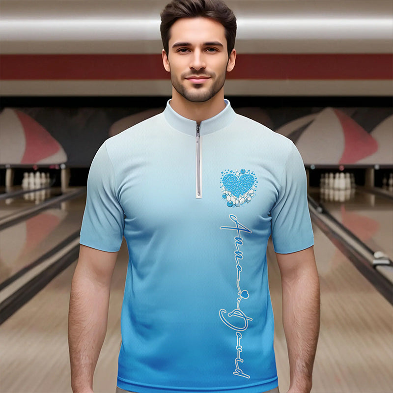 Custom Blue Bowling Heart Quarter-Zip Shirts For Men, Valentine Bowling Couple Outfits IPHW8362