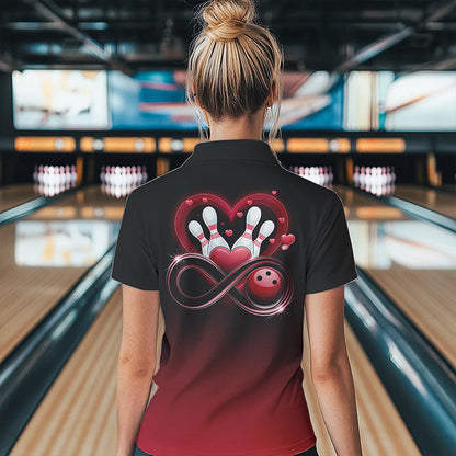 Black And Red Custom Valentines Bowling Polo Shirts For Women, Infinity Love Couple Shirt IPHW8370