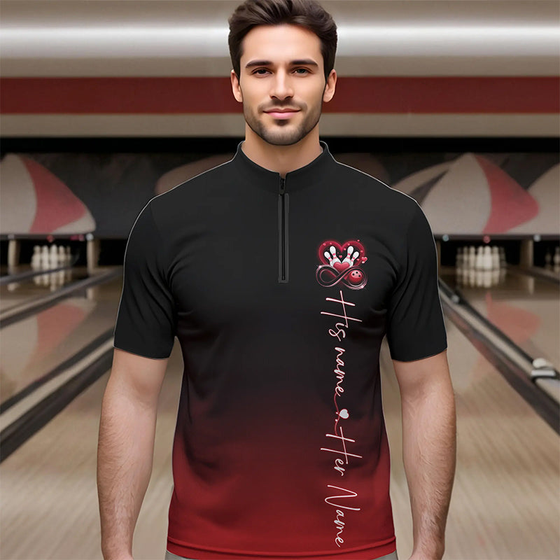 Black And Red Custom Valentines Bowling Quarter-Zip Shirts For Men, Infinity Love Couple Shirt IPHW8370