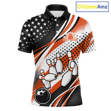 Load image into Gallery viewer, Custom Black And Orange American Flag Patriotic Bowling Shirts, US Flag Bowling League Shirt Bowlers Outfit IPHW10449
