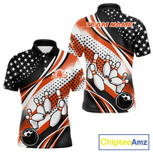 Load image into Gallery viewer, Custom Black And Orange American Flag Patriotic Bowling Shirts, US Flag Bowling League Shirt Bowlers Outfit IPHW10449