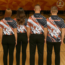 Load image into Gallery viewer, Custom Black And Orange American Flag Patriotic Bowling Shirts, US Flag Bowling League Shirt Bowlers Outfit IPHW10449