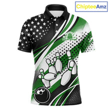 Load image into Gallery viewer, Custom Black And Green American Flag Patriotic Bowling Shirts, US Flag Bowling League Shirt Bowlers Outfit IPHW10450