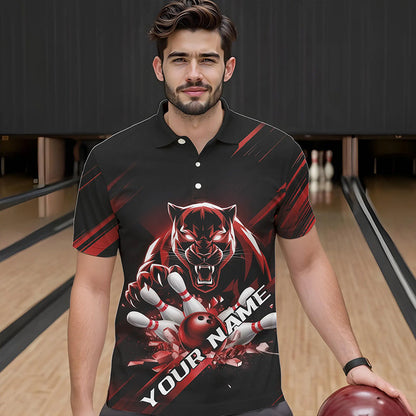 Custom Black And Red Panther Bowling Polo Shirts For Men, Bowling Team Uniform IPHW8564